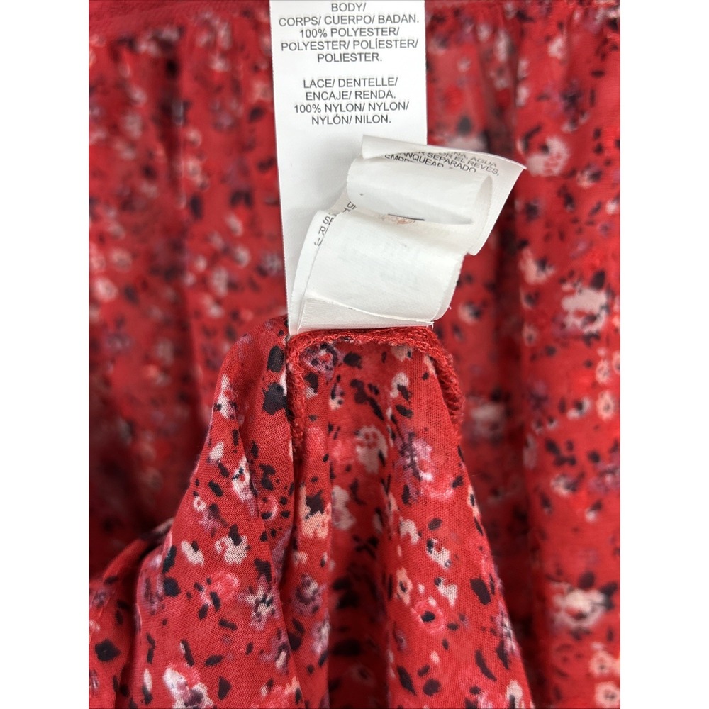 Lucky Brand Top L Red Lace Trim Floral Boho Blouse Bell Sleeve Romantic Fairy - Picture 7 of 7
